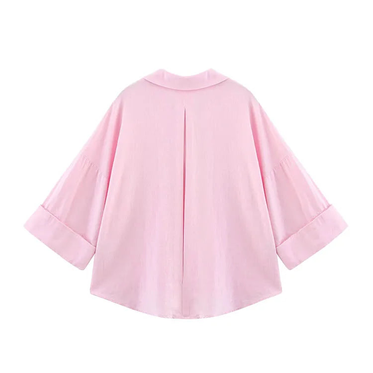 Chemise Femme Manches Larges Col Johnny – Ourlet Asymétrique & Boutons | Style Casual Chic Printemps