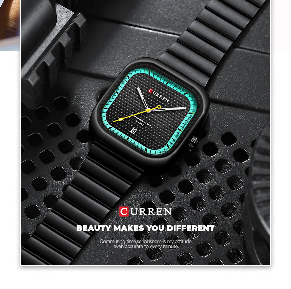 Herrenuhr CURREN Quadrat Business Quarz – Edelstahlarmband Automatische Datumsanzeige