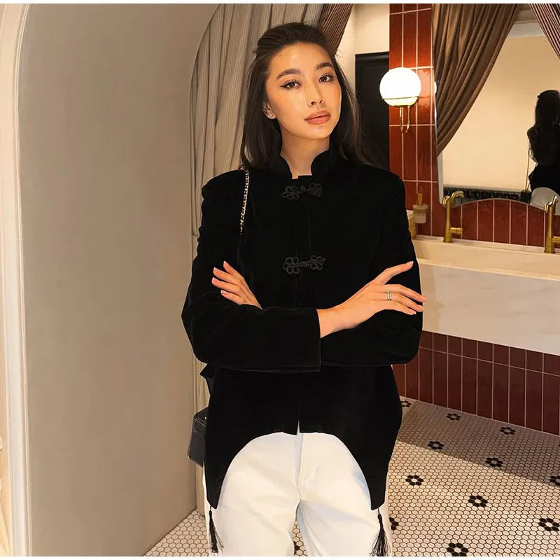Veste Femme Velours Noir Franges Boutons Nœuds Ourlet Asymétrique Manches Longues Slim – Élégante Streetwear & Bureau