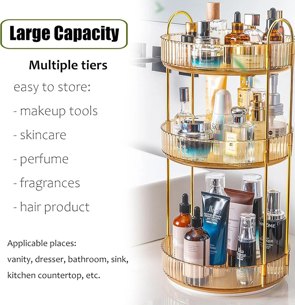 Organisateur Maquillage Rotatif 3 Niveaux Transparent – Grande Capacité | Skincare, Parfums & Cosmétiques | Coiffeuse & Plan de Travail