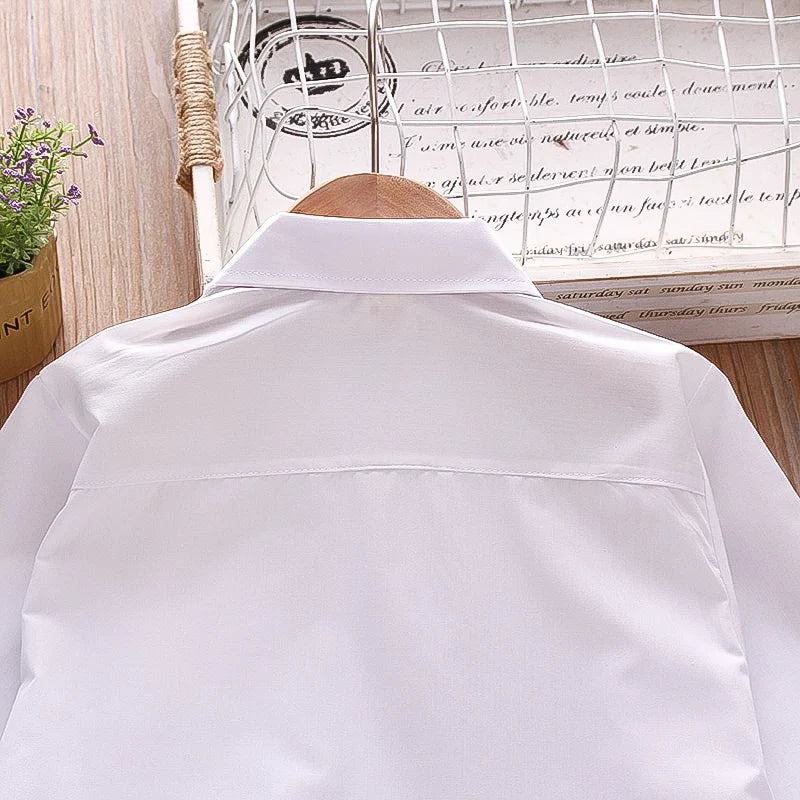 Chemise Garçon Manches Longues Col Rabattu Poche Épaule – Chemise Blanche Confortable Printemps Automne Enfant