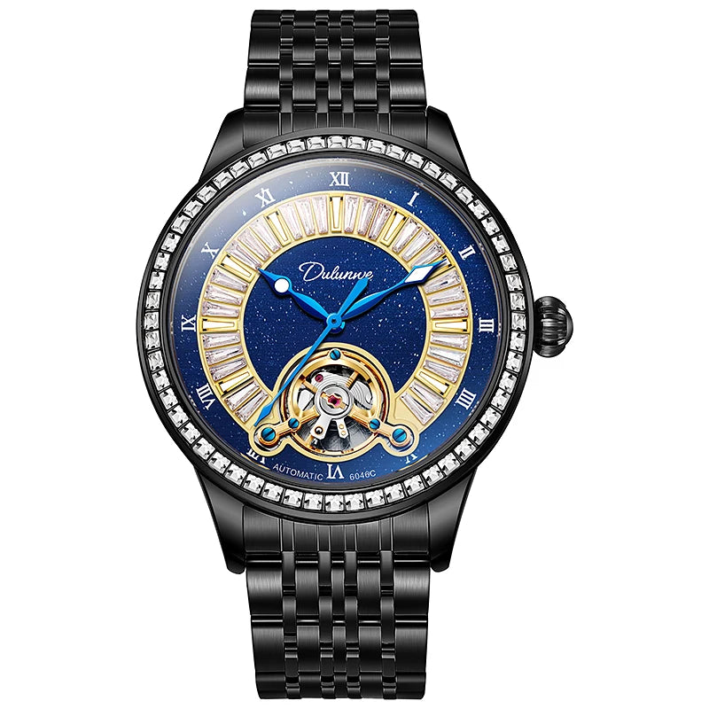 Montre Homme Tourbillon Automatique Mécanique – Cadran Strass Lumineux Sport Étanche Acier