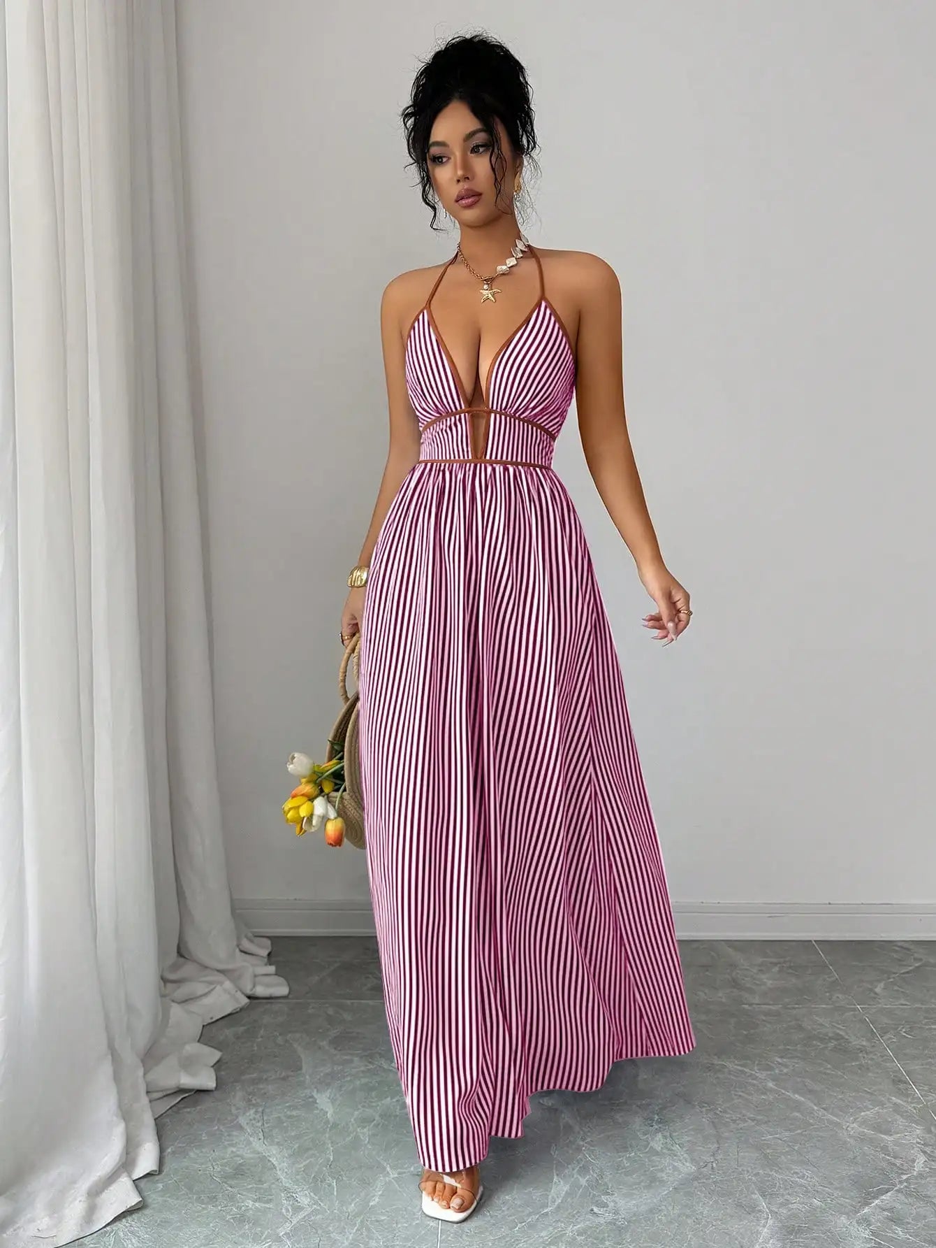 Robe Maxi Rayée Col Plongé Halter - Style Vacances & Plage Premium