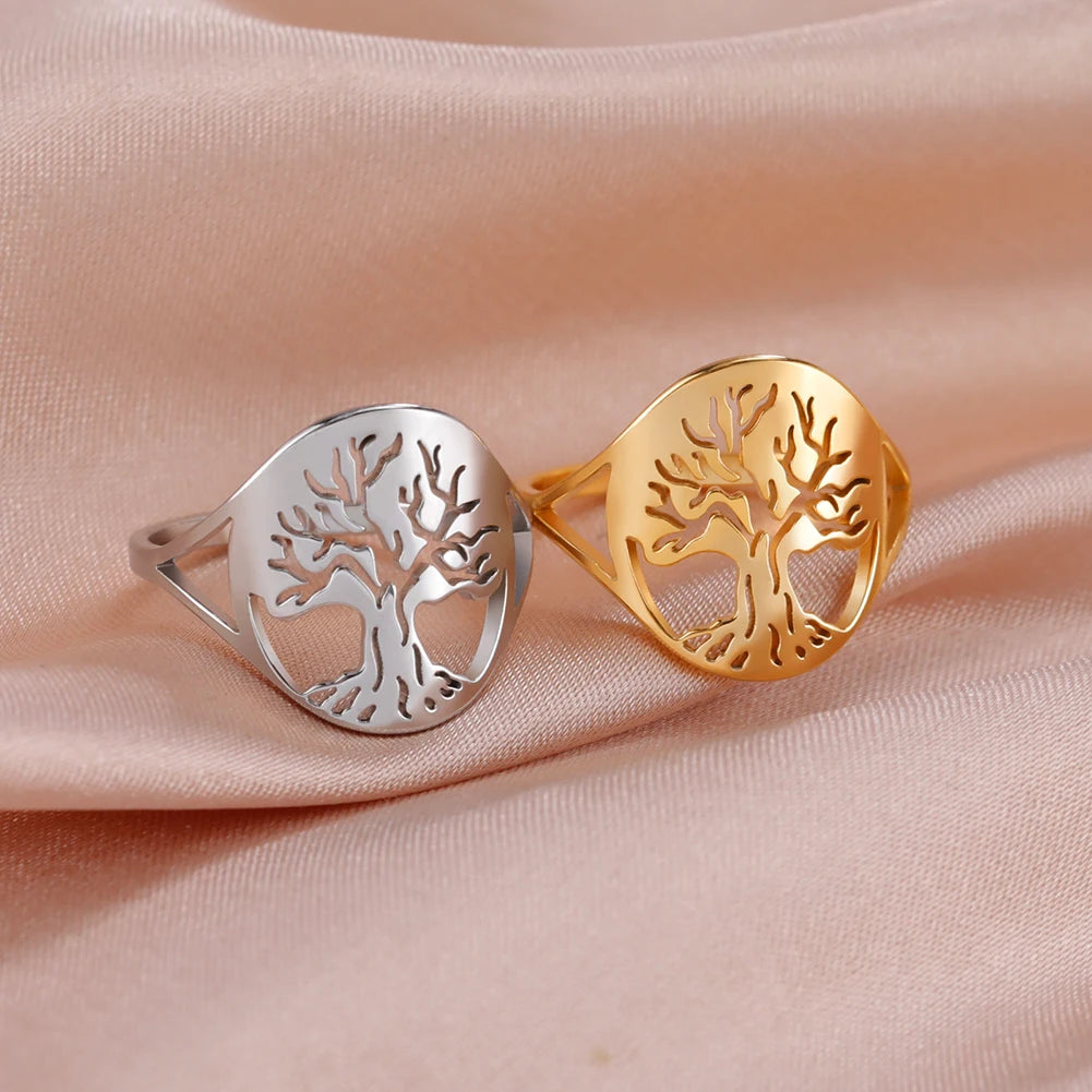 Bague Arbre de Vie Acier Inoxydable Argenté – Symbole Nature & Spiritualité | Bijou Unisexe Couple & Mariage | Cadeau Intemporel