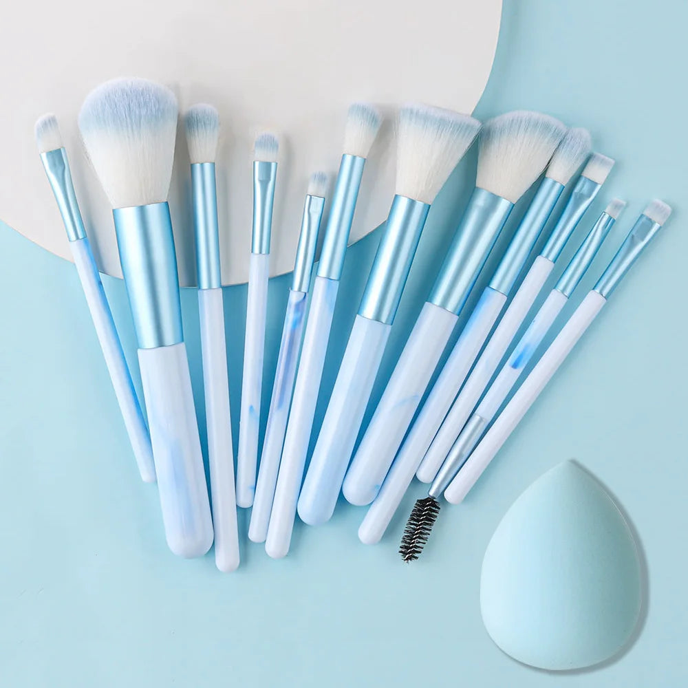 Set 12 Pinceaux Maquillage Bleu Ultra-Doux – Fond de Teint, Correcteur, Blush, Fards & Highlighter | Accessoire Beauté Femme