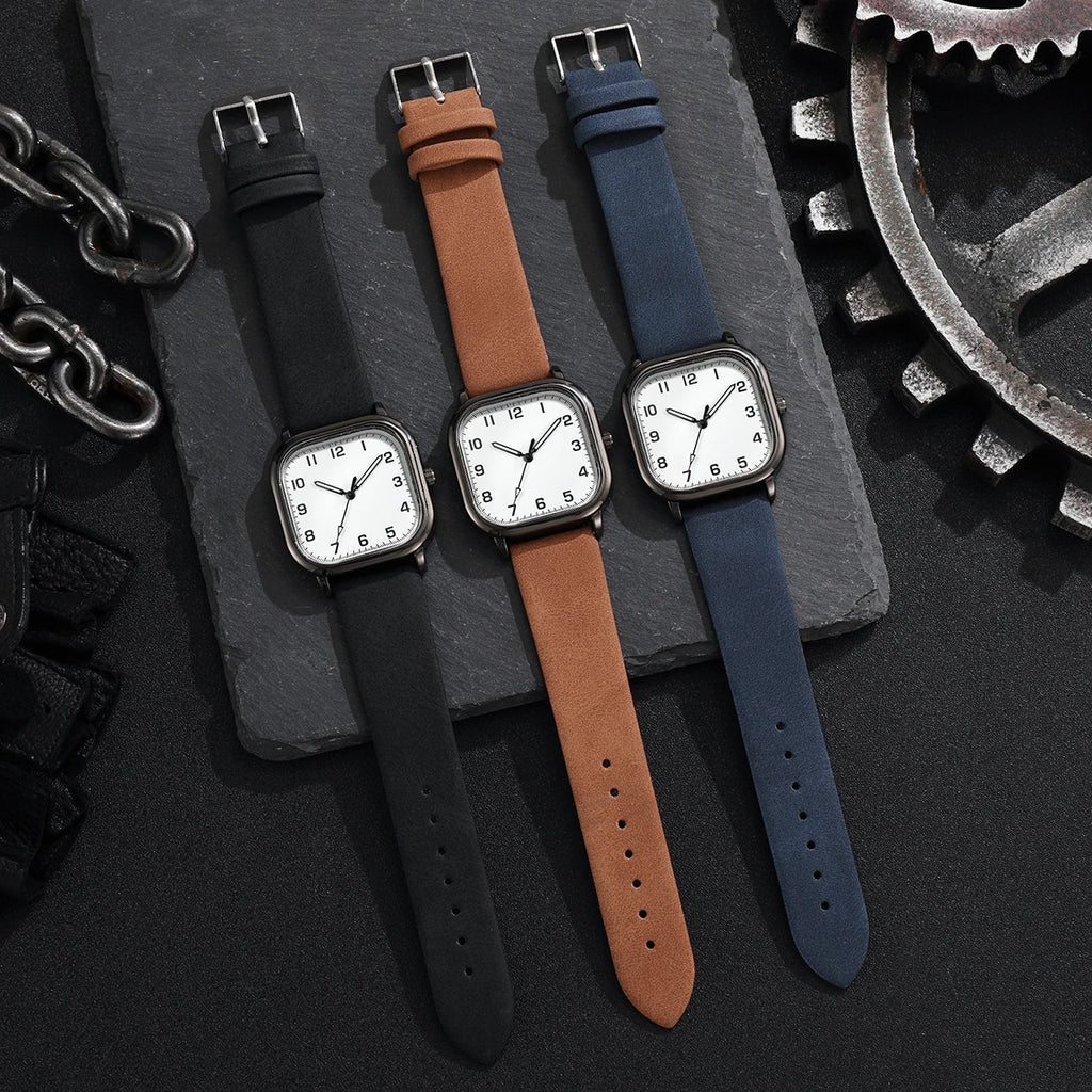 Lot 3 Montres Homme Business Quartz Cadran Carré Chiffres Arabes Bracelet Cuir – Fashion Casual