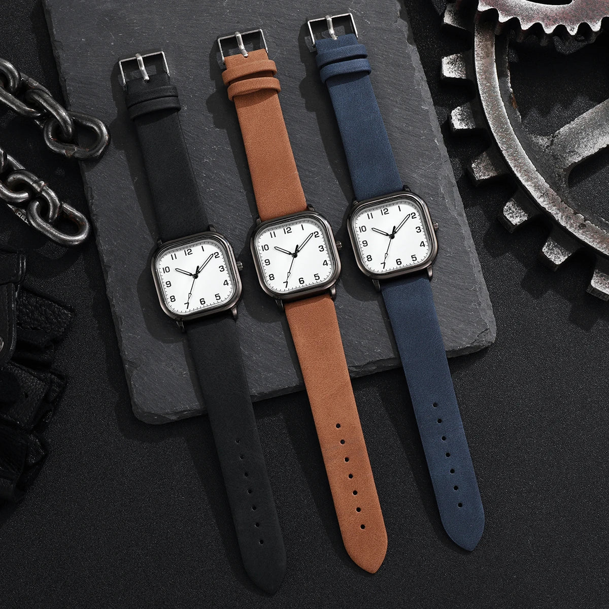 Lot 3 Montres Homme Business Quartz Cadran Carré Chiffres Arabes Bracelet Cuir – Fashion Casual