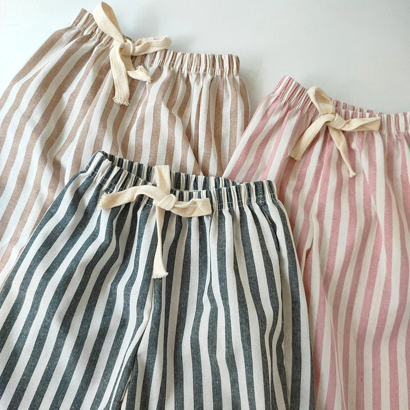 Short Lin Coton Enfant Rayures – Pantalon Court Casual Vintage Ample Garçon Fille Été