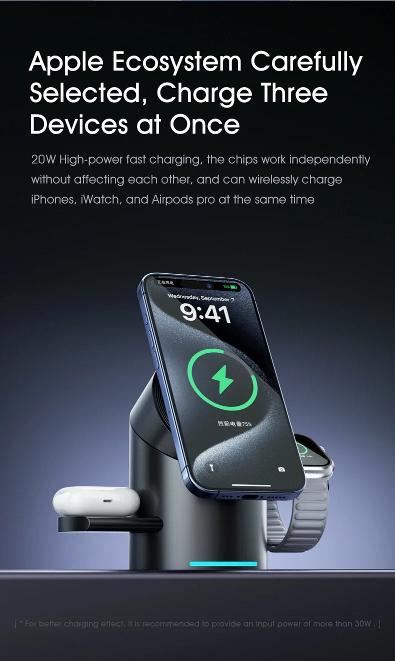 Chargeur Qi2 3-en-1 Multifonction Tactile Rotatif – iPhone 16 15 14 Pro Max iWatch Écouteurs