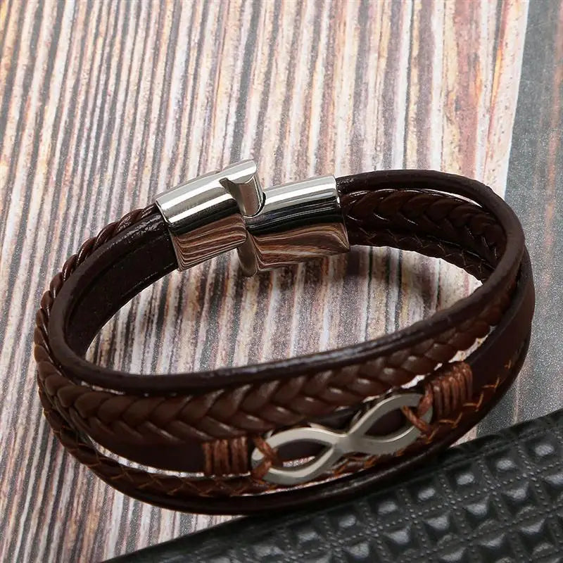 Bracelet Cuir Multi-Rangs Symbole Infini Acier Inoxydable Homme – Style Punk & Biker Authentique | Bijou Homme Streetwear Cadeau Mode Premium