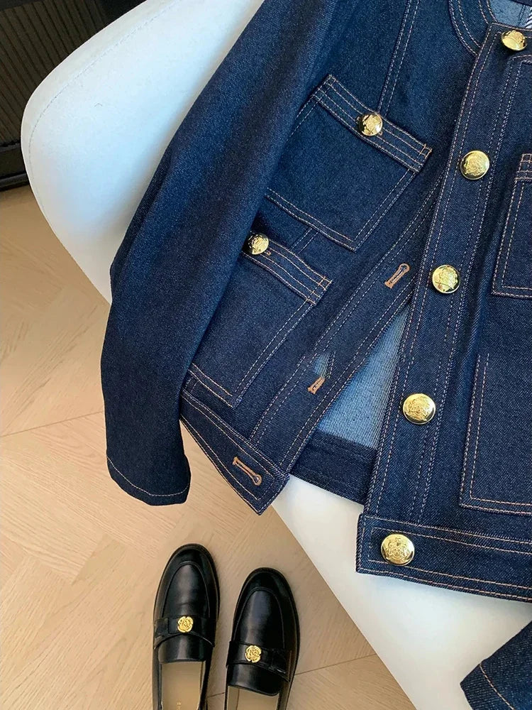 Veste Courte Femme Denim Bleu Col Rond Poches Style Coréen Ample – Mode Chic & Classique | Automne