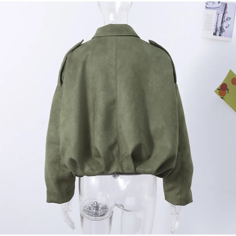 Veste Femme Suède Vert Élégante Manches Bouffantes Revers Fermeture Éclair Ample Plissée – Blouson Court Streetwear Printemps Automne | Mode 2025