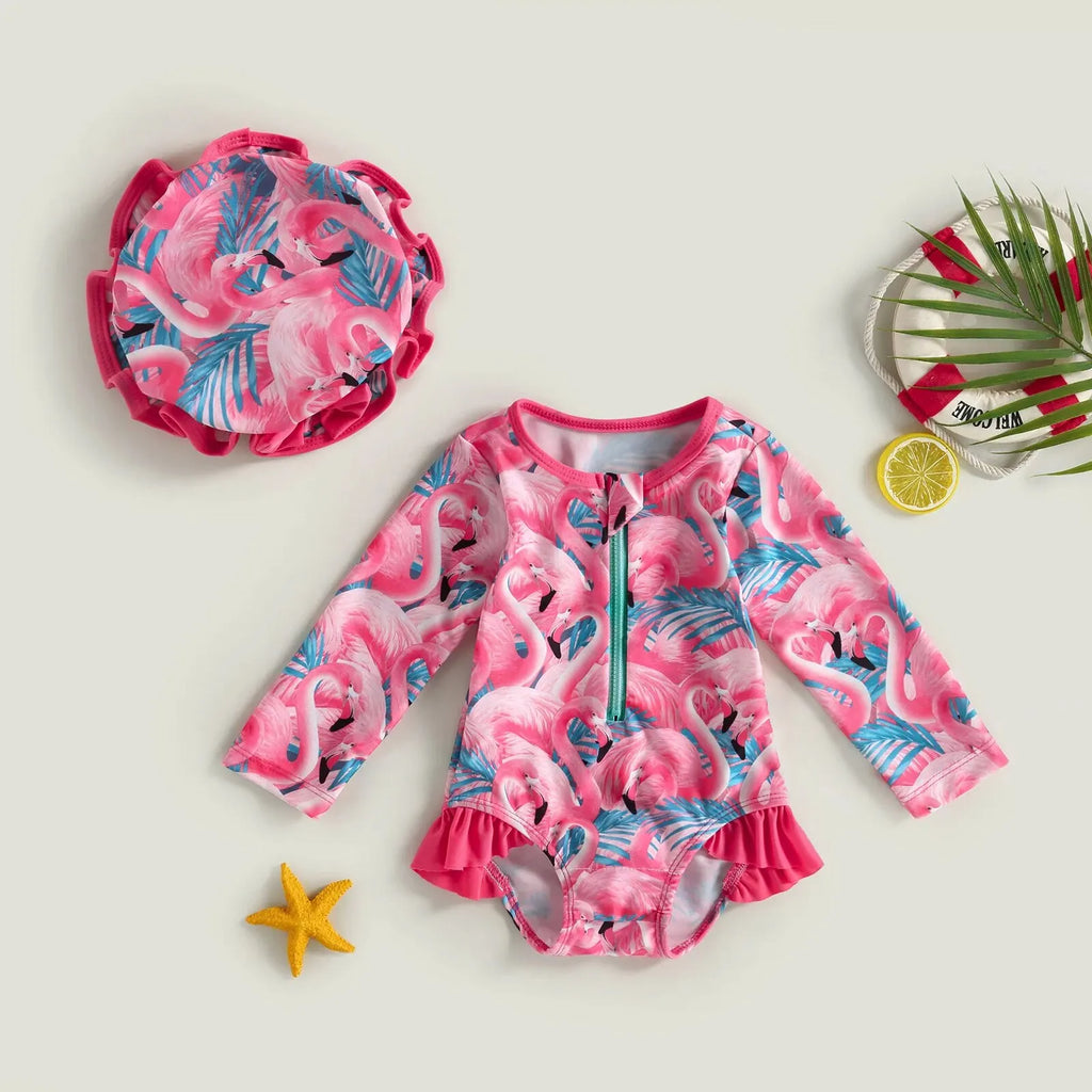 Maillot de Bain Bébé Fille Combinaison Zipper – Imprimé Flamant Rose Fleurs Manches Longues + Bandeau Été