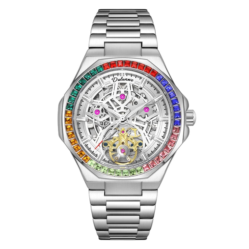 Montre Homme Tourbillon Automatique Mécanique – Lunette Gemmes Arc-en-Ciel Sport Business