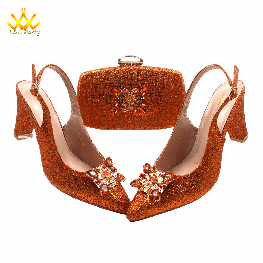 Ensemble Chaussures + Sac Italien Orange Cristal – Pumps Luxe Mariage Fête 2024