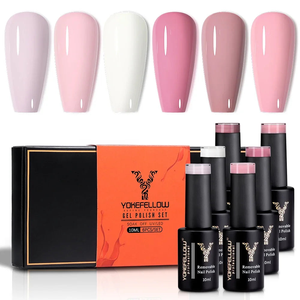 YOKEFELLOW Gel Polish Pastel Pink Glitter 6pcs – Vernis Semi-Permanent Été DIY Salon 10ML