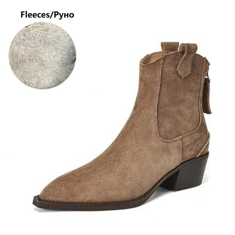 Bottes Suède Vache Chunky Heel Western Femme – Bout Pointu Noir Zip Concis Automne