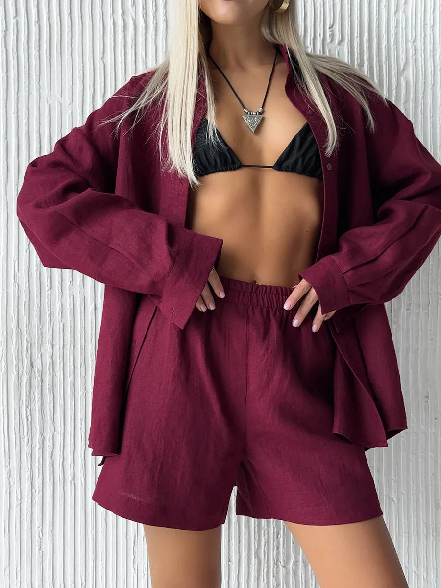 Damen-Zweiteiler aus Baumwolle, legeres Reverskragenhemd mit langen Ärmeln und Hose mit elastischem Bund, einfarbig, bequem – Sommer-Outfit | Bornladies