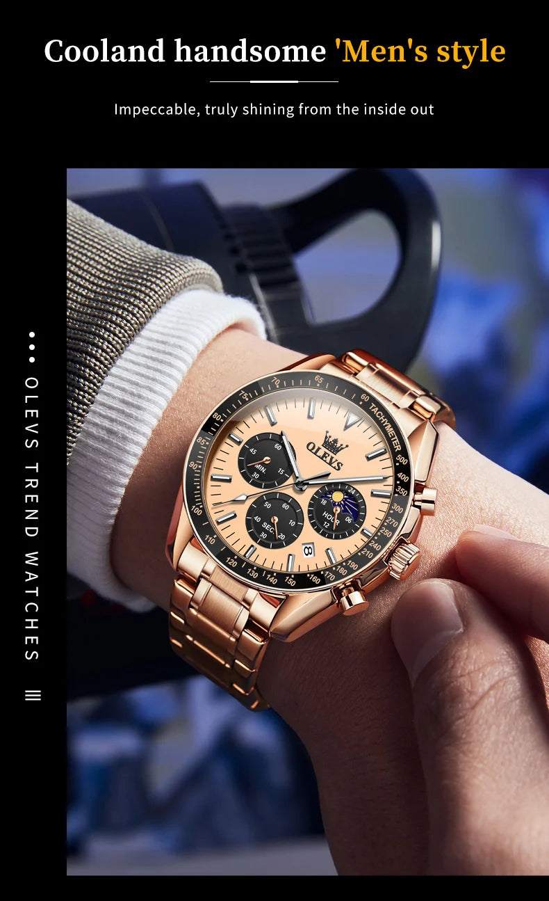 Montre Homme OLEVS Chronographe Phase de Lune Quartz Bleu Acier – Étanche Lumineux Date Fashion