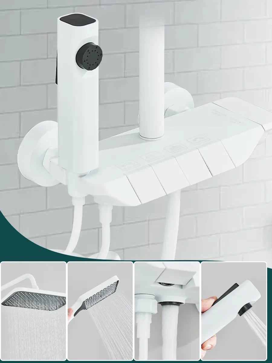 Ensemble Douche Blanc 4 Voies Style Piano – Pluie, Affichage Digital Optionnel & Bidet | Système Douche Complet