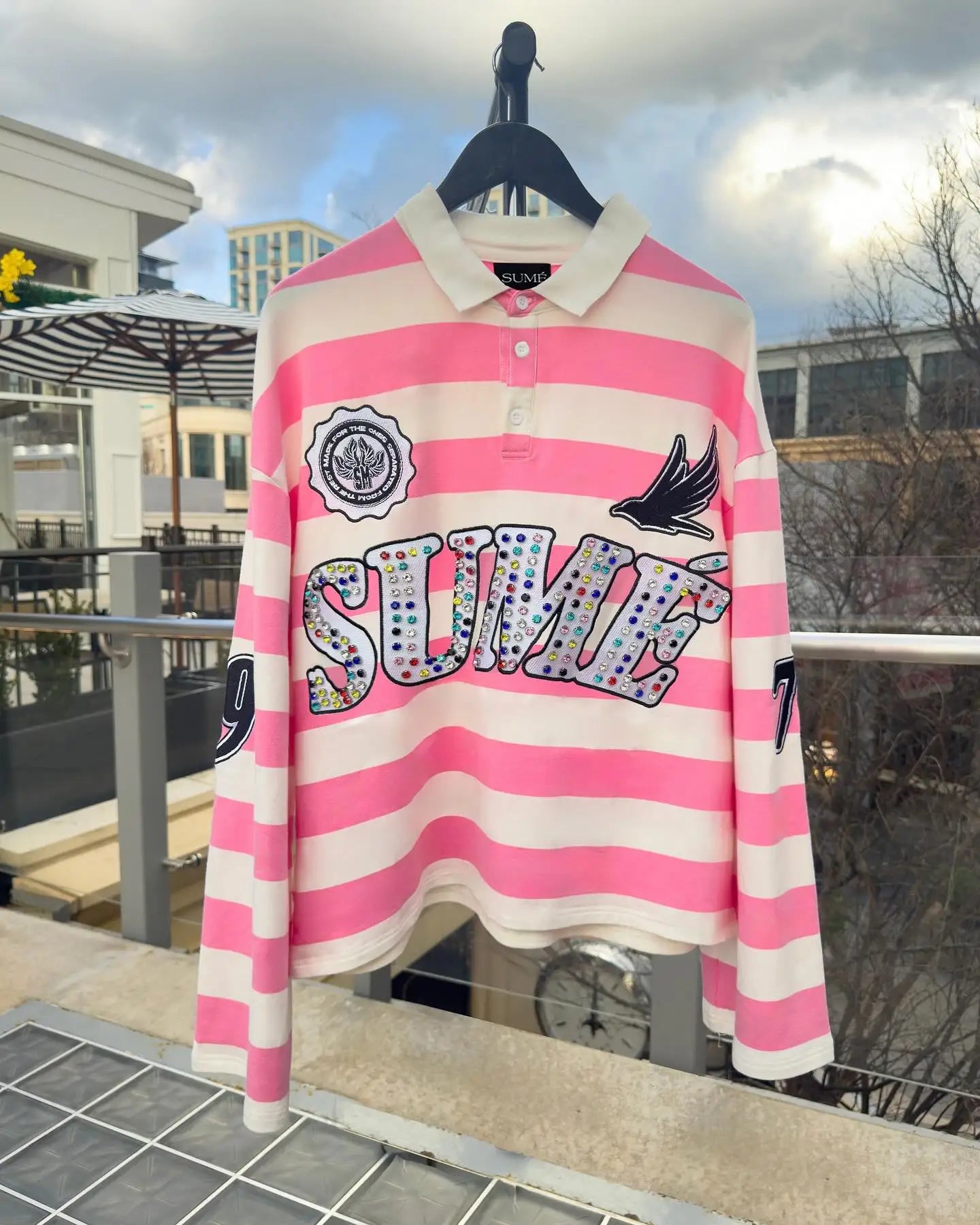 Polo Shirt Unisexe Gothique Broderie Pierre Précieuse Y2K Harajuku Hip-Hop Rayures Col Polo Manches Longues Loose | Polo Gothique Premium