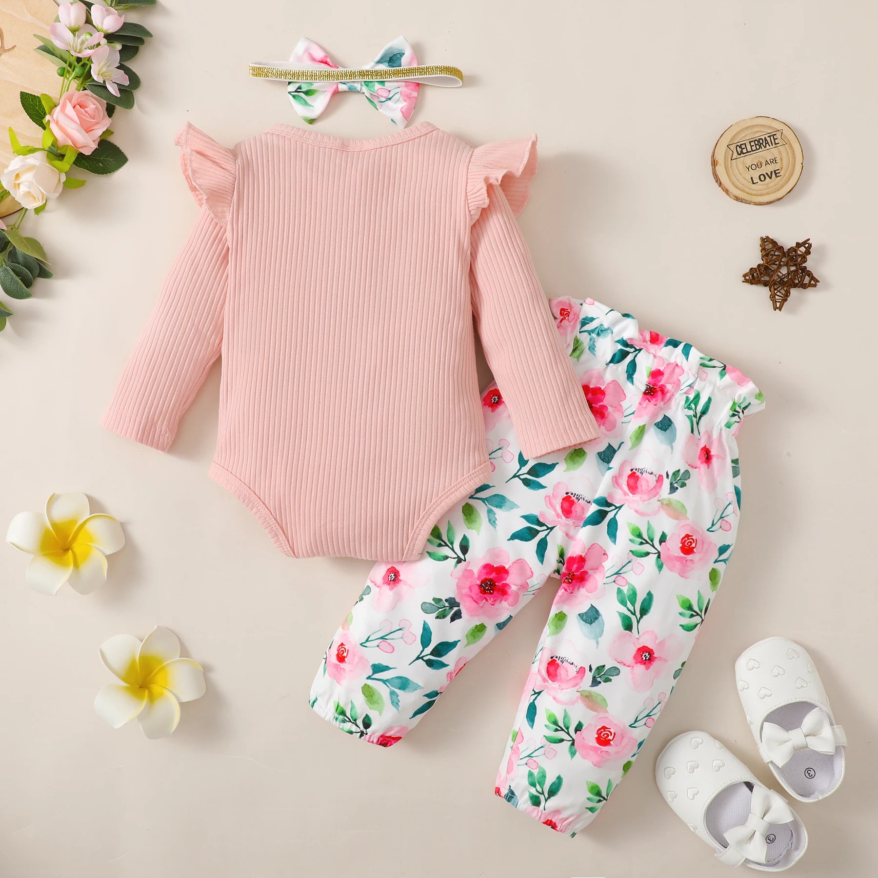 Tenue 3 Pièces Bébé Fille Fleurie – Body Manches Longues + Pantalon Fleurs + Bandeau 0-18 Mois