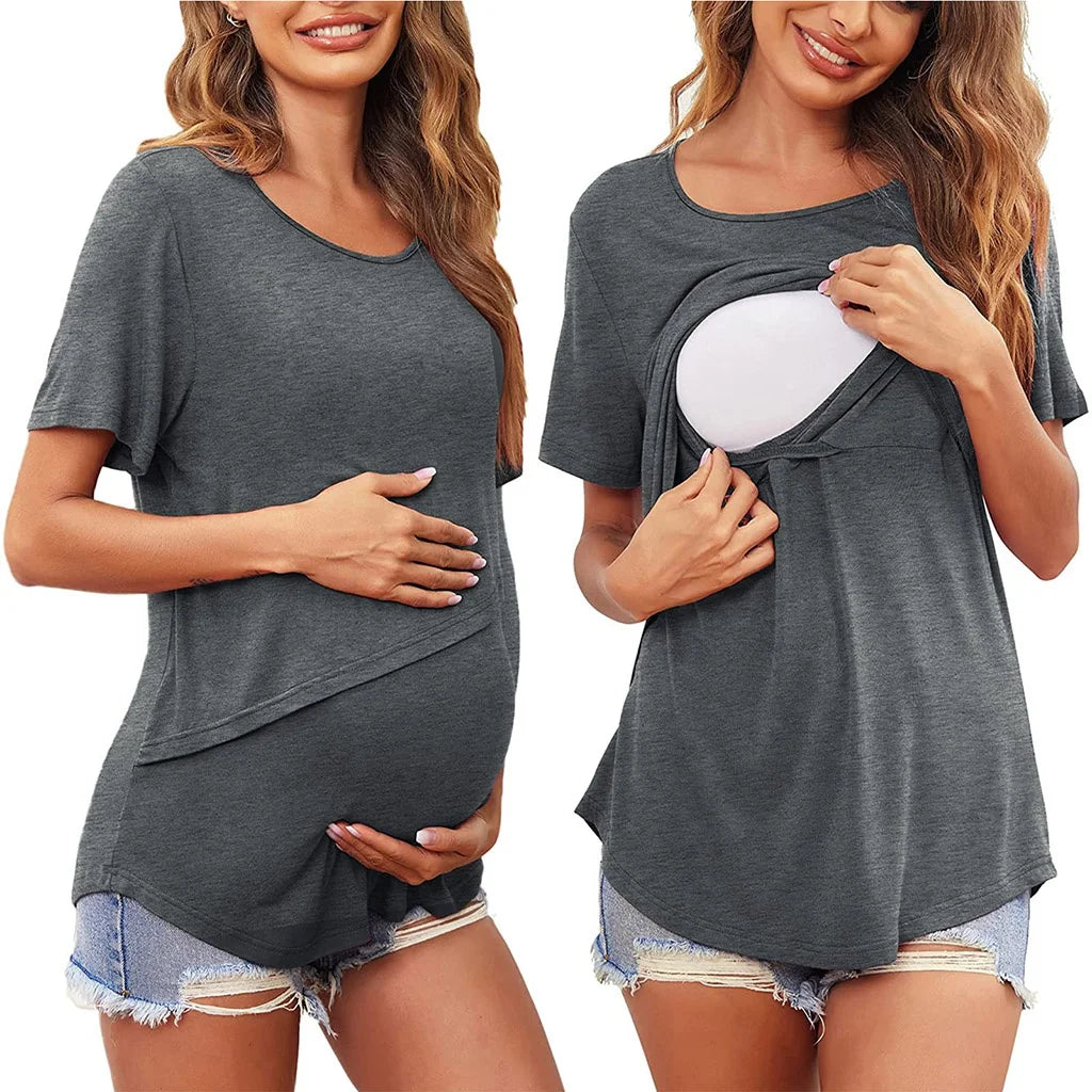 Still-T-Shirt Damen Kurzarm Rundhals – Umstands-Top Asymmetrischer Wickel Casual