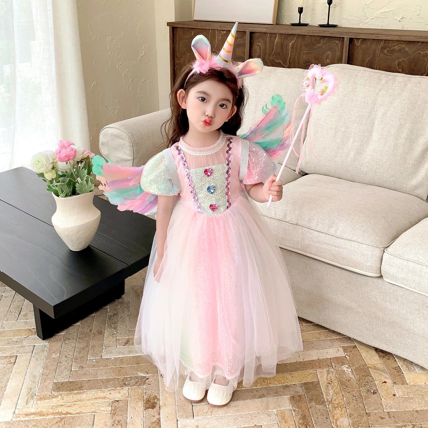 Meerjungfrau Prinzessin Kleid Mädchen Pailletten Perlen Puffärmel – Faschingskostüm Halloween Cosplay