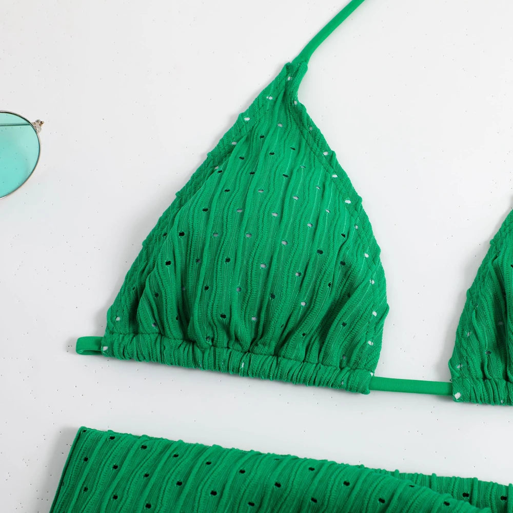 Bikini 3 Pièces Halter Femme Sexy Tanga – Maillot de Bain Avec Paréo Jupe | Blanc Noir Rose Vert Été