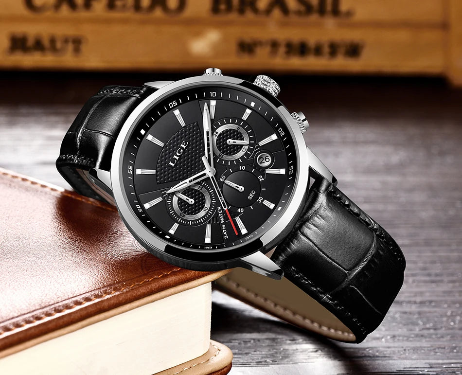 Montre Homme Luxe LIGE Chronographe Quartz Cuir – Business Sport Étanche Date 2025