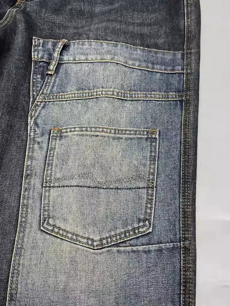 Gerade geschnittene Jeans Patchwork Streetwear 2025 – Japanische Skater-Passform mit mehreren Taschen in großen Größen