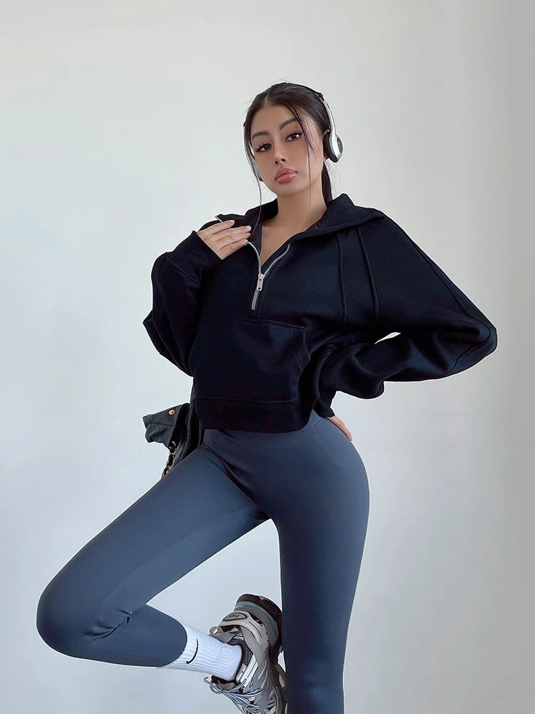 Sweat Femme Oversize Zip Polaire – Hoodie Streetwear Chaud Casual Rose Blanc