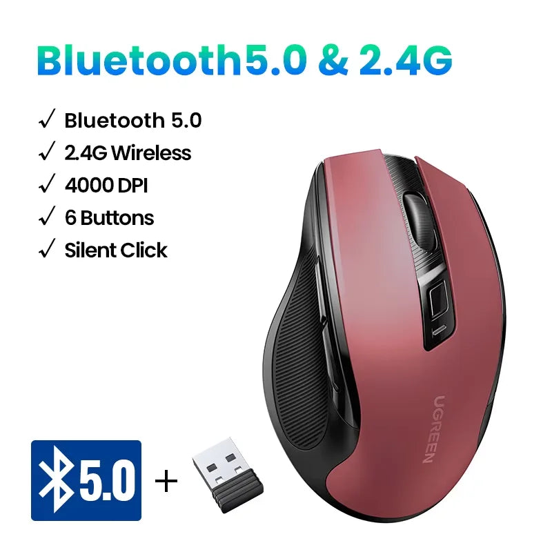 UGREEN Souris Sans Fil Ergonomique – Bluetooth 5.0 & 2.4G, 4000 DPI, 6 Boutons Silencieux | MacBook, PC & Tablette