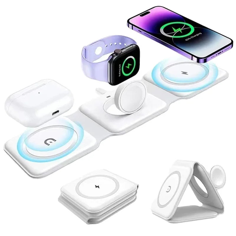 Chargeur Magnétique 3-en-1 Pliable 15W USB-C – Charge Rapide Smartphone Montre Écouteurs