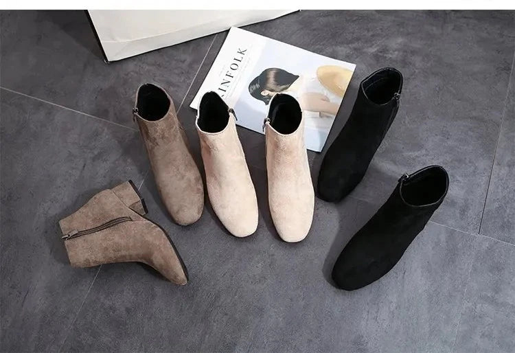 Bottines Suède Chunky Heel Snow Goth Femme – Mi-Talon Tendance Walking Élégant Automne