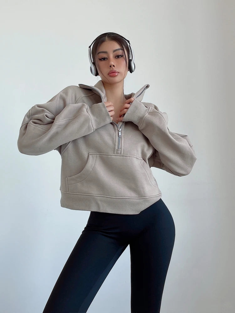 Sweat Femme Oversize Zip Polaire – Hoodie Streetwear Chaud Casual Rose Blanc