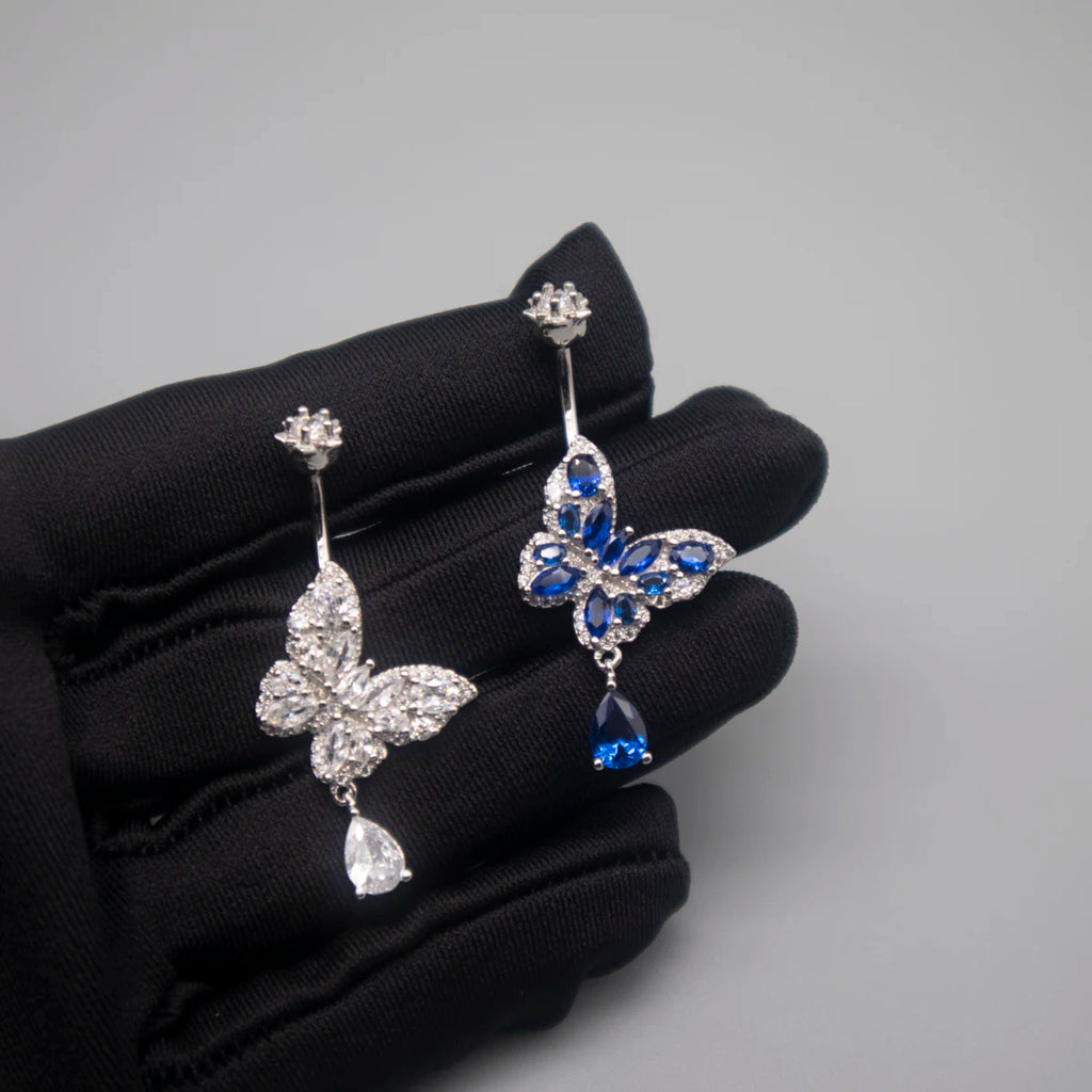 Bauchnabelpiercing Silber 925 Echter Schmetterling Weiße & Blaue Zirkonia – Premium Bauchnabelring für Damen | Feiner, Eleganter & Hypoallergener Körperschmuck