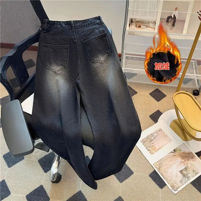 Damen-Jeans Warme Fleece-Hose Gerader Schnitt Schmal Samtig Weich Vintage – Bequeme gefütterte Denim-Hose | Winter