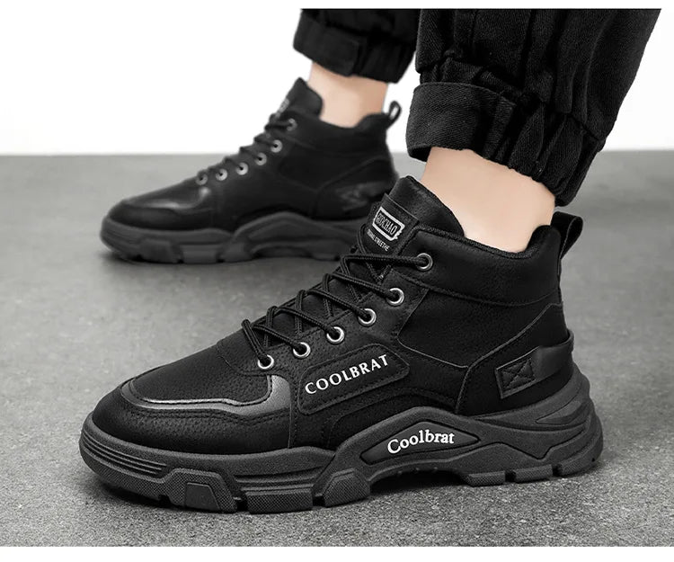 Boots Moto High Top Homme Plateforme 2026 – Noir Lacets Cuir Chaud Outdoor Bota