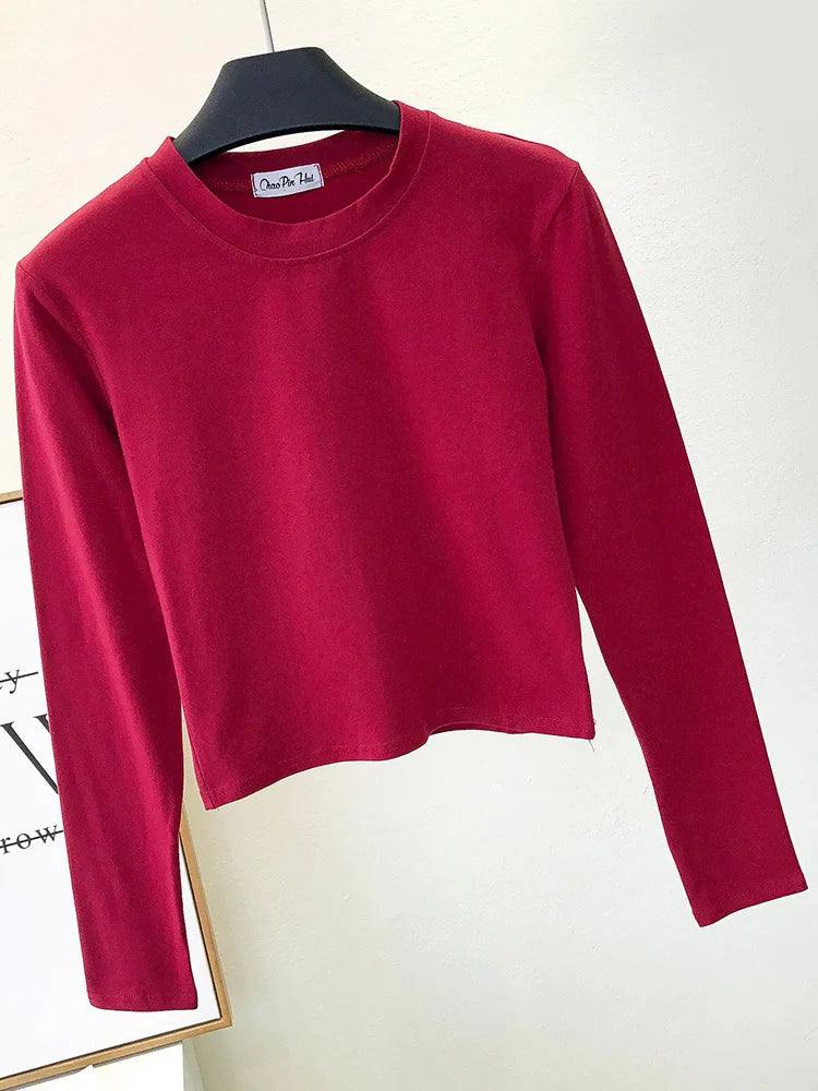Top Femme Sexy Col Rond Manches Longues Découpe Nombril Basique – Mode Casual & Tendance | Automne