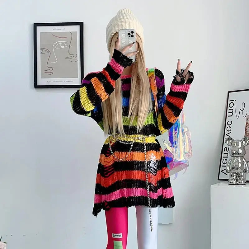 Gothic Damen Strickpullover Lila Streifen Zerrissen Ausgefranst – Fairy Grunge Lolita Emo Streetwear Stil