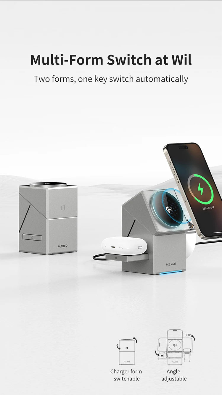 Chargeur Qi2 3-en-1 Dock Auto-Rotatif – iPhone 16 15 14 Pro Max AirPods iWatch Charge Rapide