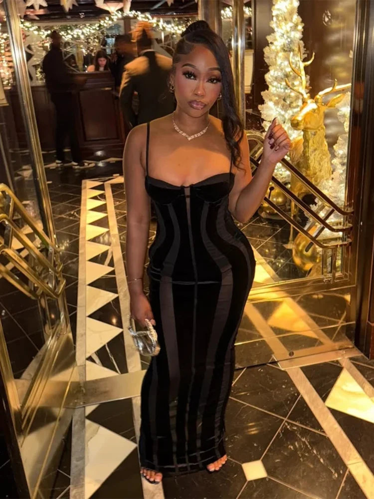 Robe Maxi Femme Velours Noir Transparente Mesh Épaules Dénudées Taille Cinée Slim – Soirée & Club | 2026