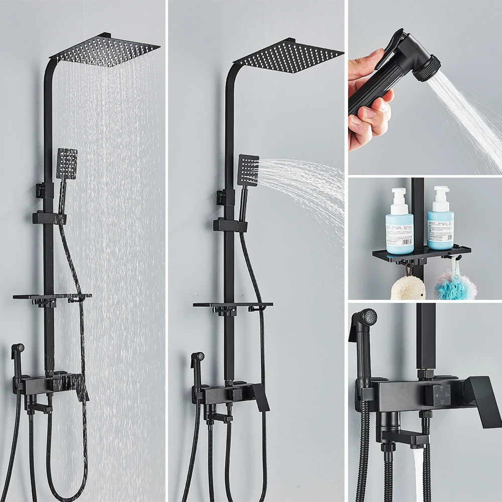 Rozin Ensemble Douche Pluie Mural Noir – Avec Bidet, Étagère & Bec Baignoire | Système Complet Laiton