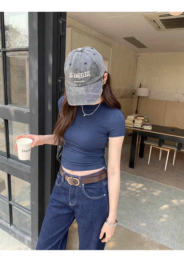 Crop Top Basique Uni Femme – Manches Courtes Col Rond Ajusté | Style Y2K Vintage Harajuku Streetwear