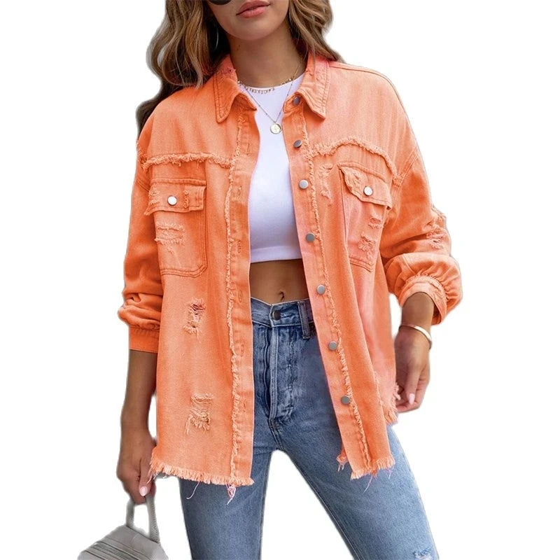 Veste en Jean Femme Bords Bruts Troués – Style Chemise Casual | Printemps Automne Tendance 2025