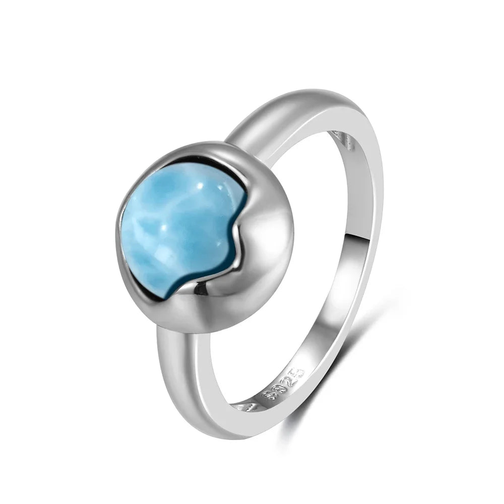 Bague Argent 925 Pierre Larimar Naturelle Vintage – Forme Fleur Ronde Bleu Ciel & Eau de Mer | Bijou Fin Unisexe Pierre Rare des Caraïbes & Cadeau Premium