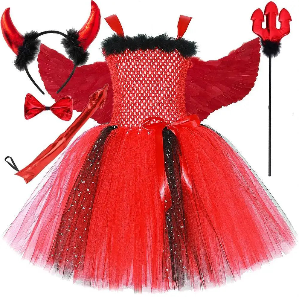 Déguisement Diablesse Rouge Fille – Robe Tutu Demon avec Ailes Cornes Trident Halloween Carnaval
