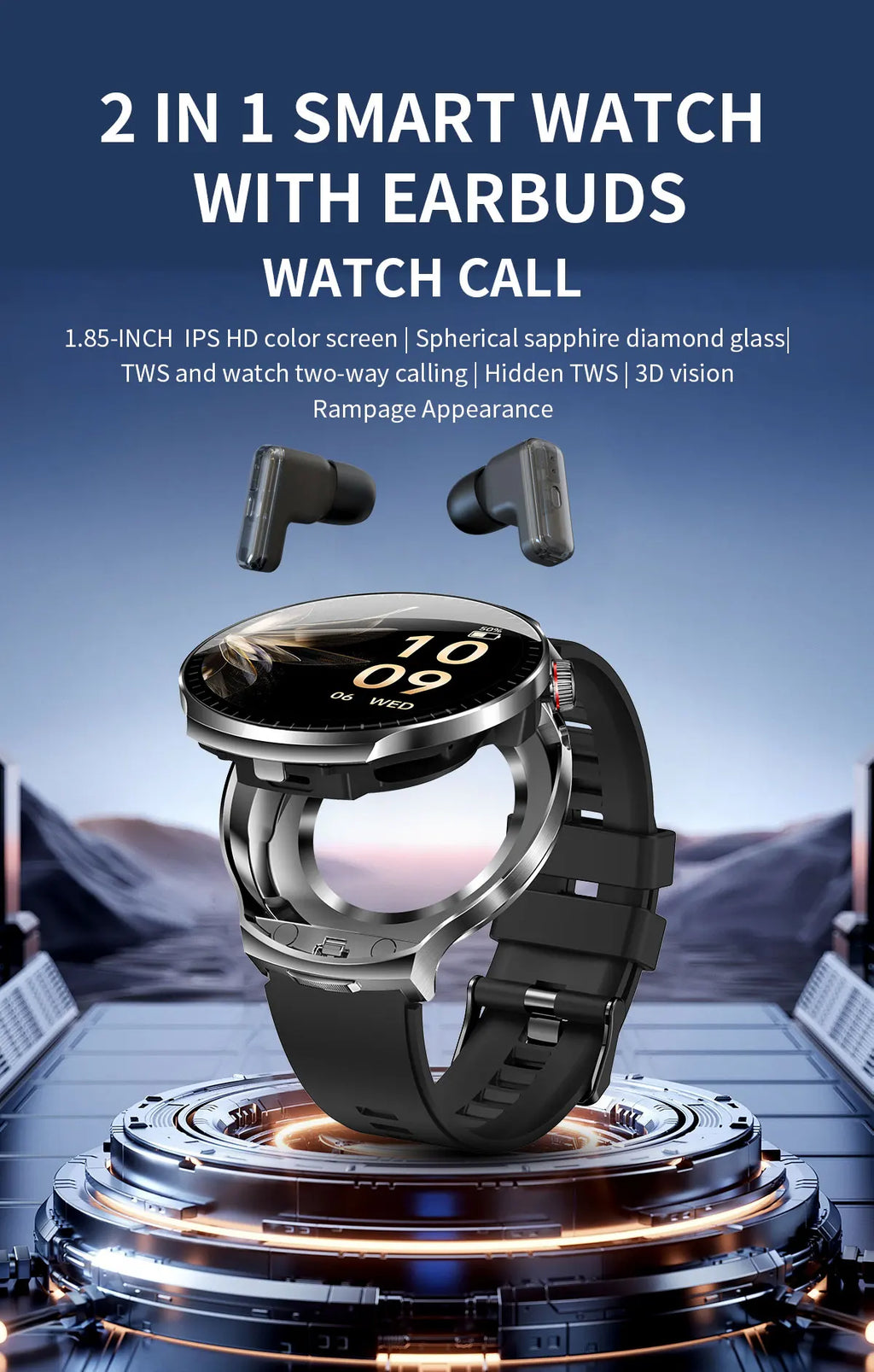 Smartwatch 2-en-1 + Écouteurs TWS Bluetooth – Écran HD 1.85" IP67 Étanche | 100+ Sports | Appels & Suivi Fitness