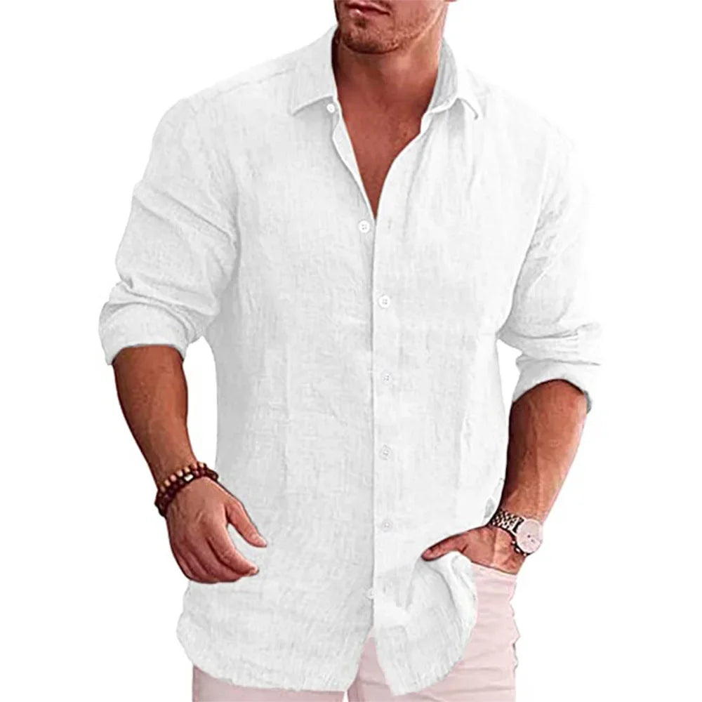Chemise Homme Lin Coton Manches Longues Couleur Unie Casual Resort Style Polyvalente Automne Élégante Respirante – Chemise Lin Premium Toutes Saisons | Mode Homme Premium